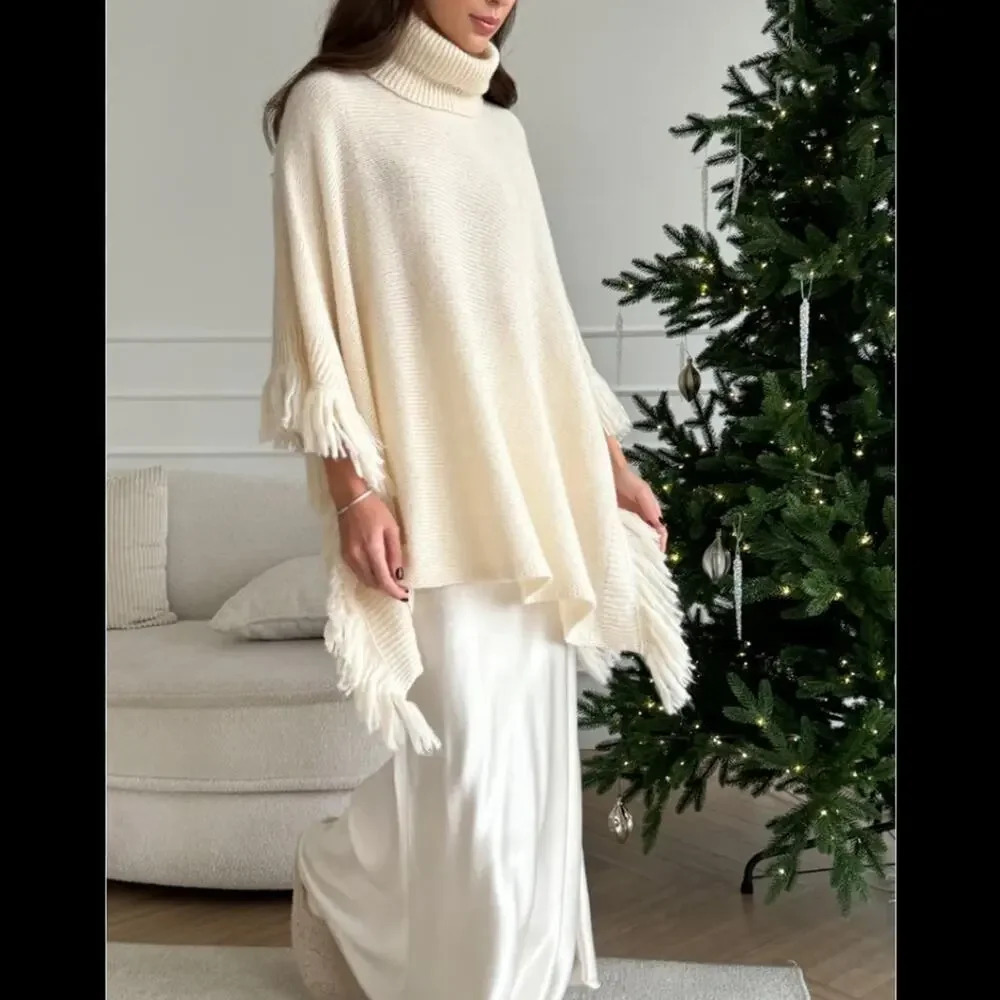Cream Knit Fringed Poncho - Small